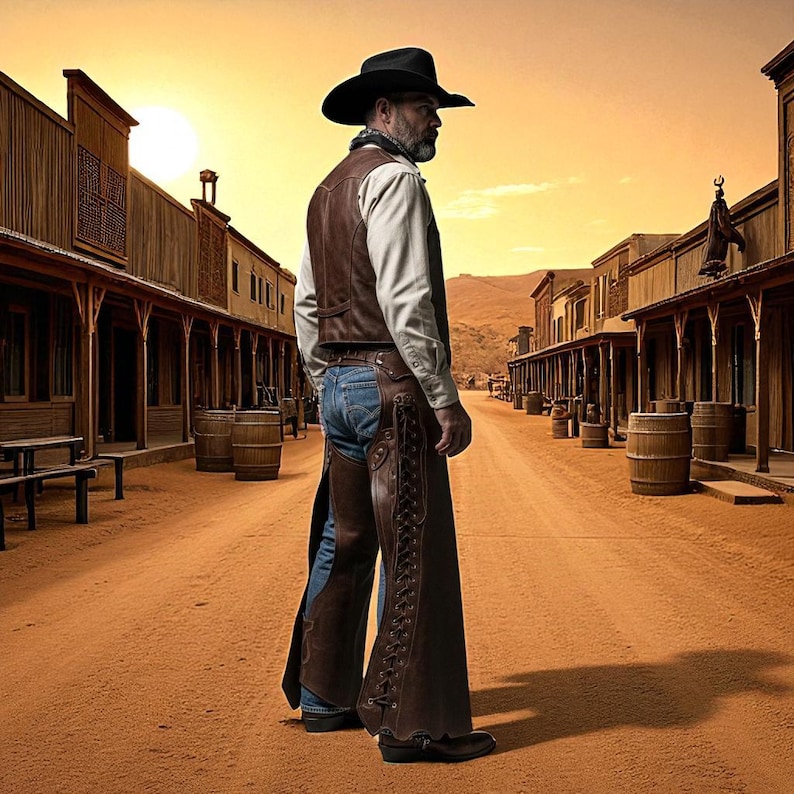 May include: A person wearing a black cowboy hat, brown leather vest, and chaps, standing on a dusty street in a western town. The chaps have a lace-up design on the sides. The background features wooden buildings and a sunset.