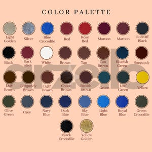 May include: A color palette chart featuring a variety of colors, each displayed in a circular swatch. The text "COLOR PALETTE" is at the top. Colors include shades of blue, red, green, brown, and yellow, with names like "Navy Blue" and "Yellow Golden".
