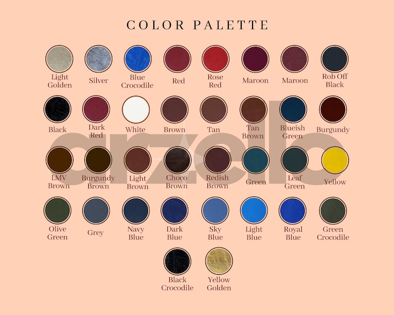 May include: A color palette chart featuring a variety of colors, each displayed in a circular swatch. The text "COLOR PALETTE" is at the top. Colors include shades of blue, red, green, brown, and yellow, with names like "Navy Blue" and "Yellow Golden".