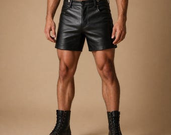 Men’s Leather Shorts with Harness Straps, Black Leather Shorts Outfit, Gothic Clubwear Shorts, Biker Style Shorts with Boots Look