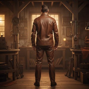 May include: A person wearing a brown leather jacket and matching pants stands in a workshop. The jacket has a classic design with a collar and button closure. The workshop has wooden tables and tools.