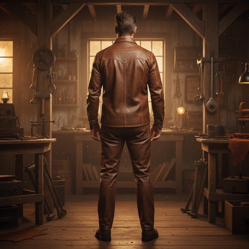 May include: A person wearing a brown leather jacket and matching pants stands in a workshop. The jacket has a classic design with a collar and button closure. The workshop has wooden tables and tools.