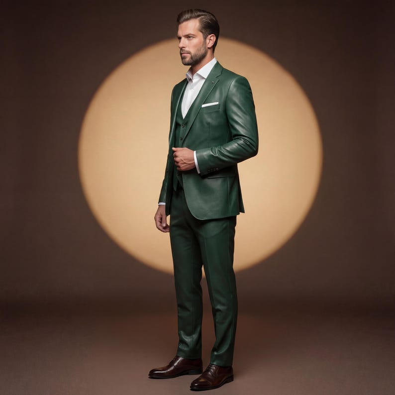 May include: A three-piece, dark green suit with a white dress shirt and brown leather shoes. The suit includes a jacket, vest, and trousers. The jacket has a pocket square. The background is a warm brown with a circular light.