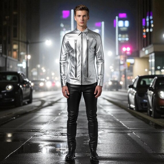 Men’s Silver Leather Shirt with Black Leather Pants | Futuristic Festival Outfit | Gothic Cosplay Costume