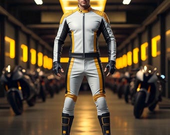 Handgefertigte Weiß & Gelbe Leder Bikeranzug: Slim Fit Motorrad Racing Outfit