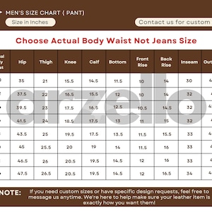 May include: A size chart for pants, with measurements in inches. The chart includes waist, hip, thigh, knee, calf, bottom, front rise, back rise, inseam, and outseam measurements. The text "Choose Actual Body Waist Not Jeans Size" is displayed.