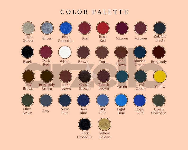 May include: A color palette chart featuring a variety of colors, including shades of blue, red, green, and brown. Each color is displayed in a circular swatch with its name underneath. The text "COLOR PALETTE" is at the top.