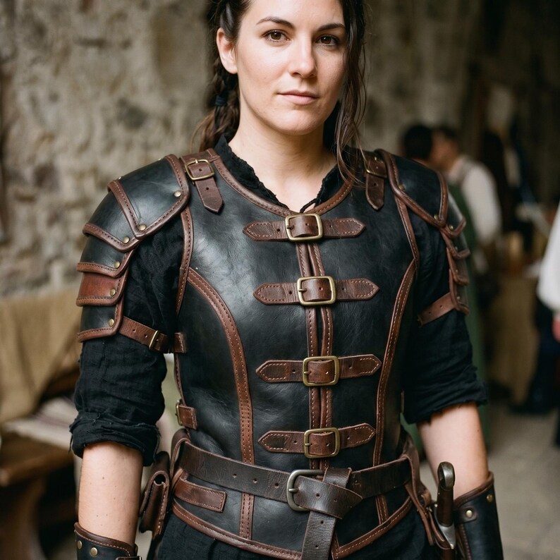 May include: A black and brown leather chest armour piece featuring layered shoulder pauldrons, multiple adjustable straps with brass-toned metal buckles across the front, and a wide waist belt, worn over a plain black long-sleeved shirt.