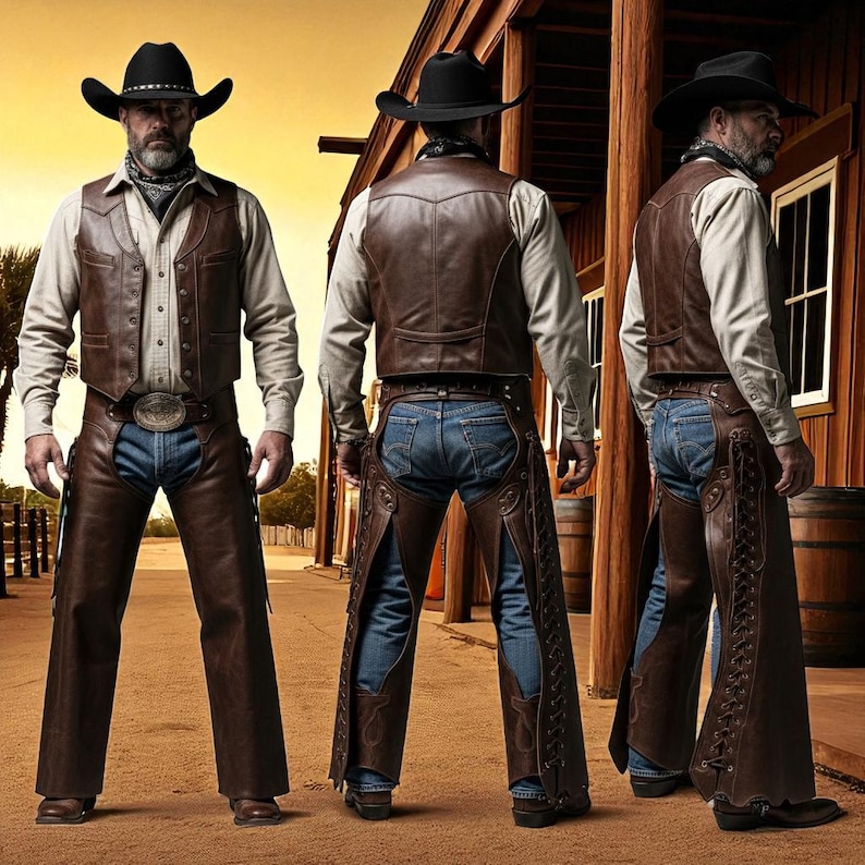 May include: A cowboy ensemble featuring a black hat, a brown leather vest, and matching chaps. The outfit includes a light-colored button-down shirt, a patterned neckerchief, and a belt with a decorative buckle. The chaps are worn over blue jeans.