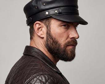 Herren Schwarz Rindsleder Biker Cap Handgefertigte Motorrad Military Style Lederhut Custom Fit