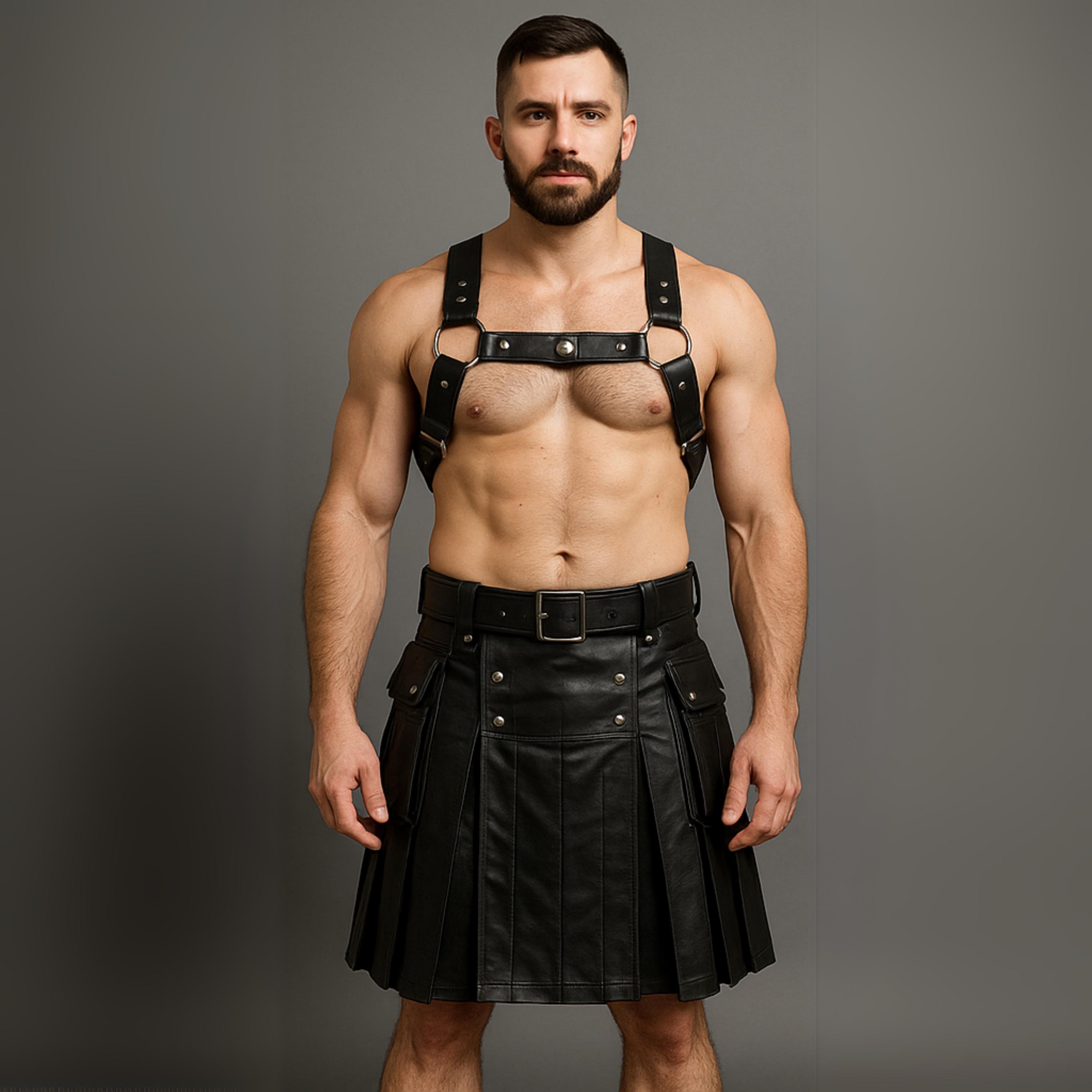 Handmade Leather Kilt with Chest Harness: Gothic Festival Outfit