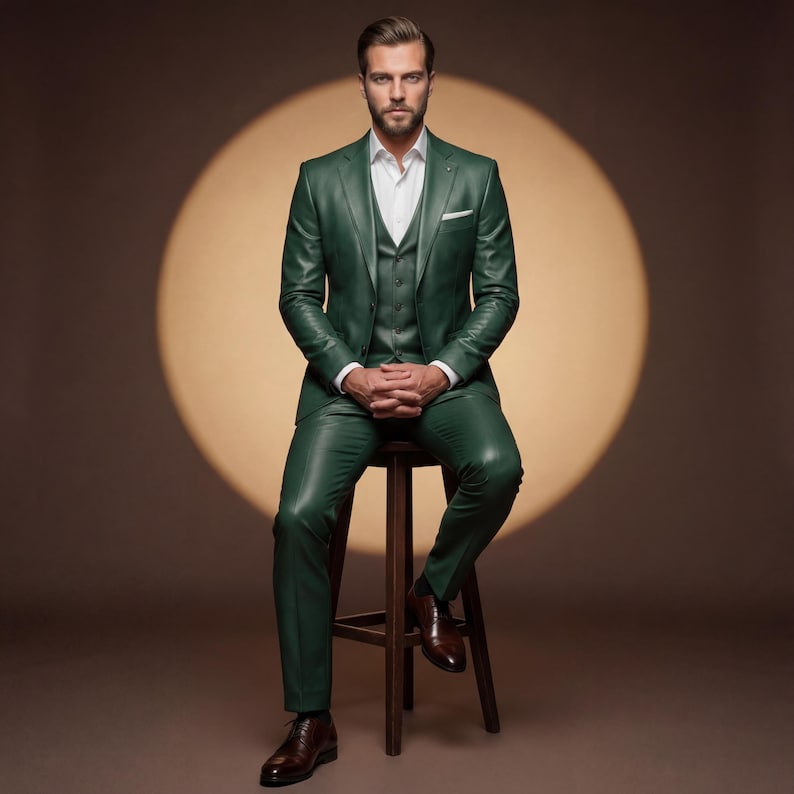 May include: A three-piece, dark green leather suit with a white dress shirt. The suit includes a jacket, vest, and pants. The person is seated on a wooden stool, wearing brown leather dress shoes. The background is a warm brown with a spotlight.