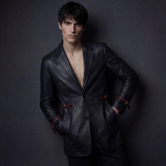 Men's Black Cowhide Leather Blazer | Gothic Tailored Coat