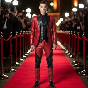 Puede incluir: Un traje de cuero rojo con detalles en negro, compuesto por una americana, un chaleco y un pantalón. La americana tiene solapas negras y el pantalón presenta paneles negros. El traje se lleva con una camisa y zapatos negros, sobre una alfombra roja.