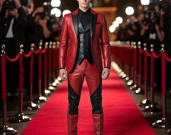 Handmade Red & Black Leather Suit: Gothic Wedding Outfit, Cosplay Costume