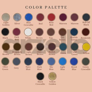 May include: A colour palette chart featuring thirty-four circular swatches arranged in rows against a light peach background. Each circle displays a distinct colour with a corresponding text label underneath, including shades like blue crocodile, maroon, and yellow.