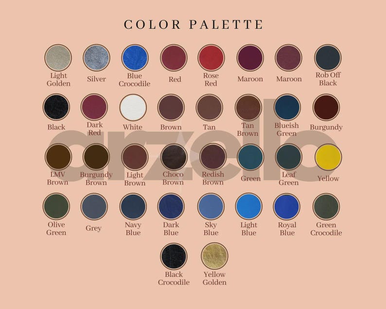 May include: A colour palette chart featuring thirty-four circular swatches arranged in rows against a light peach background. Each circle displays a distinct colour with a corresponding text label underneath, including shades like blue crocodile, maroon, and yellow.