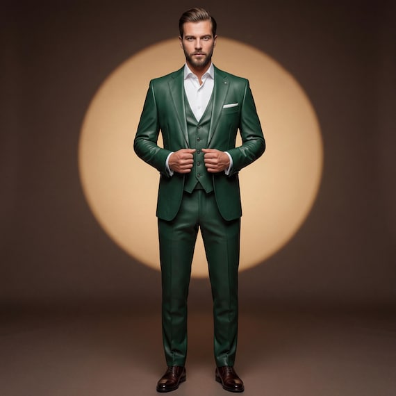 Men's Emerald Leather Suit | Slim Fit 3-Piece Wedding Outfit