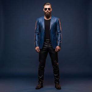 K&ouml;nnte beinhalten: Ein blauer Lederblazer, ein schwarzes Hemd und eine schwarze Lederhose. Der Blazer hat ein klassisches Design mit einem fallenden Revers und zwei Vordertaschen. Die Hose ist eng anliegend und hat ein elegantes Aussehen. Das Outfit wird durch schwarze Schuhe und Sonnenbrille erg&auml;nzt.