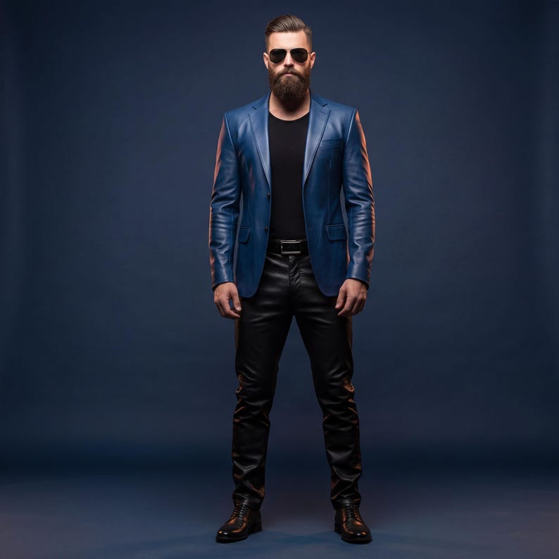 K&ouml;nnte beinhalten: Ein blauer Lederblazer, ein schwarzes Hemd und eine schwarze Lederhose. Der Blazer hat ein klassisches Design mit einem fallenden Revers und zwei Vordertaschen. Die Hose ist eng anliegend und hat ein elegantes Aussehen. Das Outfit wird durch schwarze Schuhe und Sonnenbrille erg&auml;nzt.