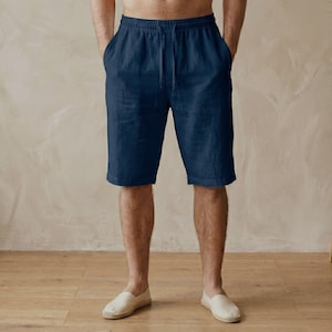 Short homme coton et lin avec cordon de serrage - Short de plage d'été décontracté léger pour villégiature