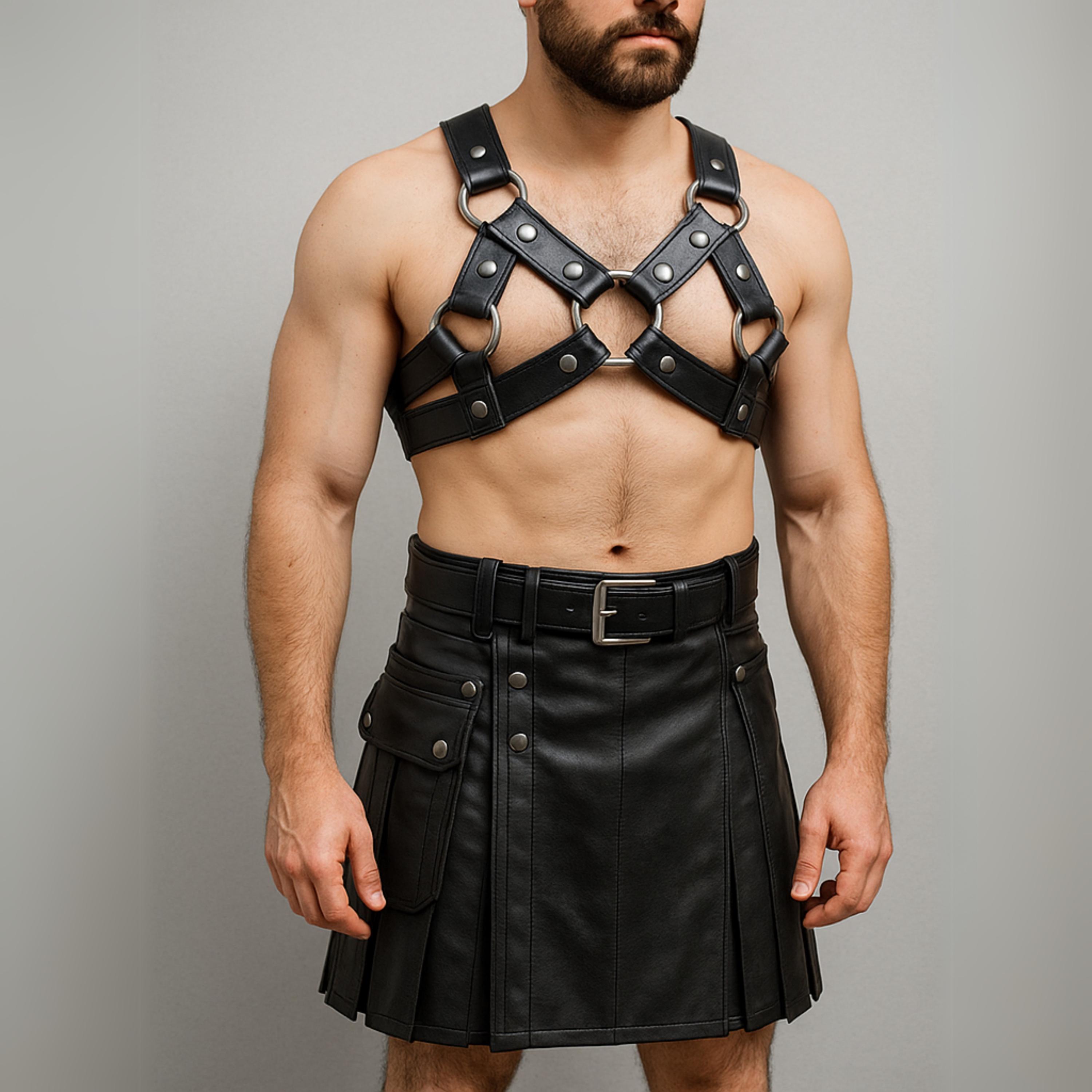 Handgefertigter Leder Gladiator Kilt mit Brustgeschirr: Festival Cosplay Outfit