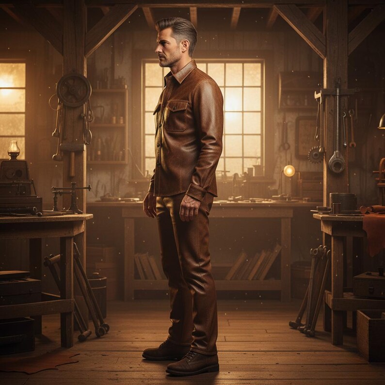 May include: A man in a brown leather shirt and pants stands in a workshop. The shirt has two chest pockets and a button-down design. The pants are a matching brown leather. The workshop has wooden tables and tools.