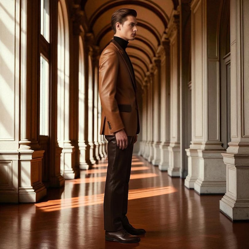 May include: A brown leather blazer with a black turtleneck and dark brown pants. The blazer has a classic cut with a notched lapel and button closure. The pants are tailored and fitted. The outfit is completed with brown leather shoes.
