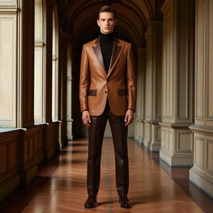 May include: A brown leather blazer with dark brown lapels and matching brown pants. The blazer has two front pockets and a two-button closure. The person is wearing a black turtleneck. The outfit is completed with brown leather shoes.