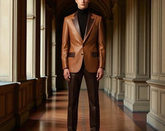 Handmade Tan Brown Leather Suit: Slim Fit Blazer & Pants