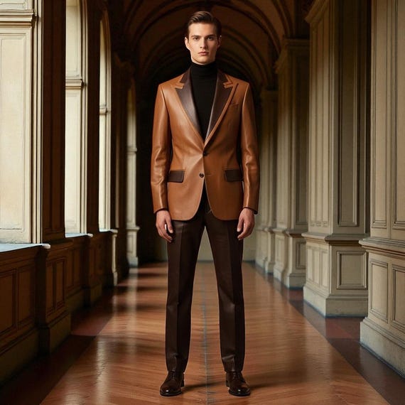 Handmade Tan Brown Leather Suit: Slim Fit Blazer & Pants