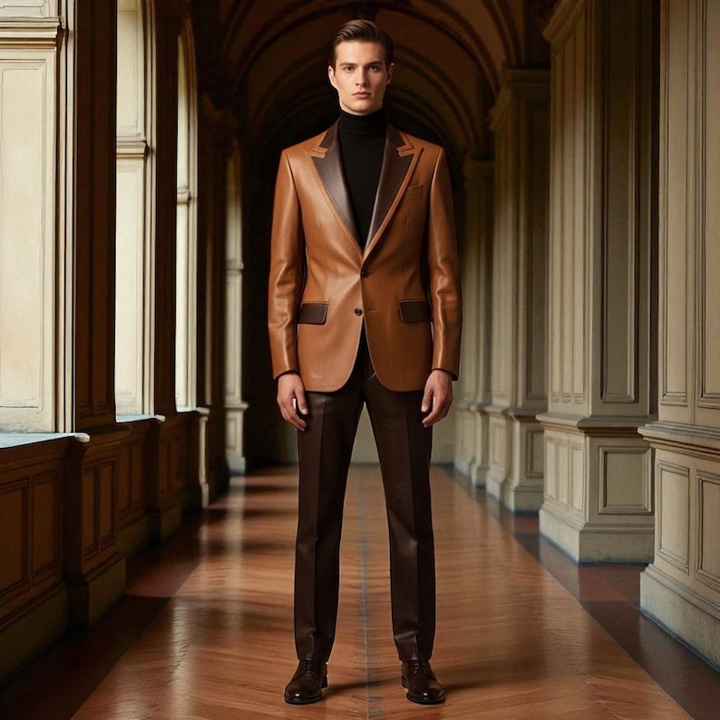 May include: A brown leather blazer with dark brown lapels and matching brown pants. The blazer has two front pockets and a two-button closure. The person is wearing a black turtleneck. The outfit is completed with brown leather shoes.
