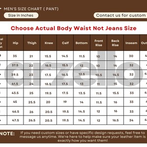 May include: A size chart for pants, with measurements in inches. The chart includes waist, hip, thigh, knee, calf, bottom, front rise, back rise, inseam, and outseam measurements. The text "Choose Actual Body Waist Not Jeans Size" is displayed.
