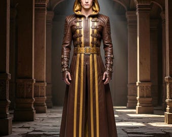 Men Brown Leather Hooded Long Coat, Gold Medieval Steampunk Coat, Genuine Cowhide Fantasy Gothic Cosplay Trench Coat, Custom Made