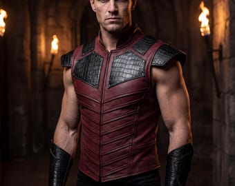 Maroon Cowhide Leather Armored Vest | Gothic Warrior Costume
