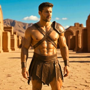 Könnte beinhalten: Eine muskulöse Person in einem braunen Leder-Gladiatoren-Outfit steht in einer Wüstenlandschaft. Das Outfit umfasst einen Schulterschutz, Brustgurte, einen Rock und Armbänder. Der Hintergrund zeigt antike Ruinen und einen klaren blauen Himmel.