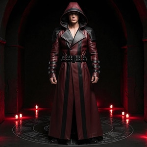 Maroon & Black Leather Trench Coat with Hood: Gothic Vampire Steampunk Cosplay