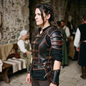 May include: A black leather chest armour piece featuring layered shoulder pauldrons, brown leather trim, and multiple adjustable buckle straps across the front. The armour includes matching black leather forearm bracers and a side-mounted belt holster.