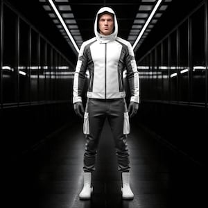 Black & White Leather Hoodie Outfit: Men&#39;s Biker Cosplay Suit