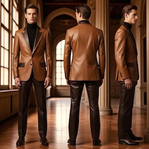 May include: A three-piece brown leather suit with a black turtleneck. The suit jacket has a notched lapel and two pockets. The pants are a matching brown color. The suit is worn with black leather shoes.