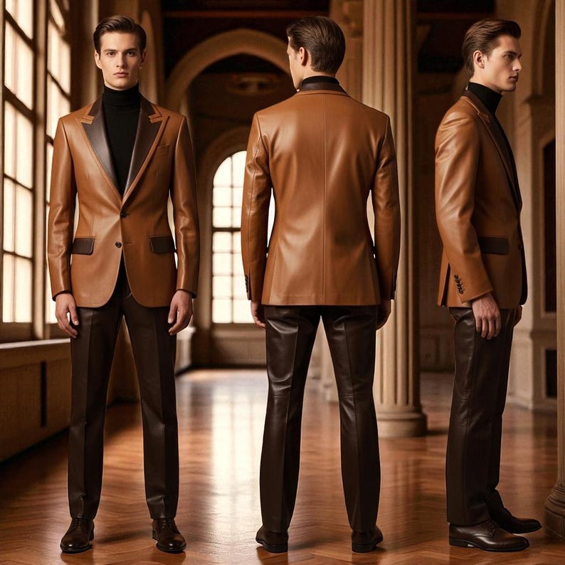 May include: A three-piece brown leather suit with a black turtleneck. The suit jacket has a notched lapel and two pockets. The pants are a matching brown color. The suit is worn with black leather shoes.