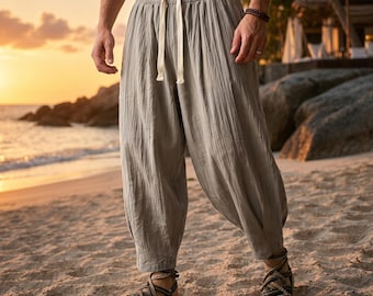 Men's Harem Linen Pants, Loose Fit Beach Trousers, Boho Drop Crotch Lightweight Summer Wear