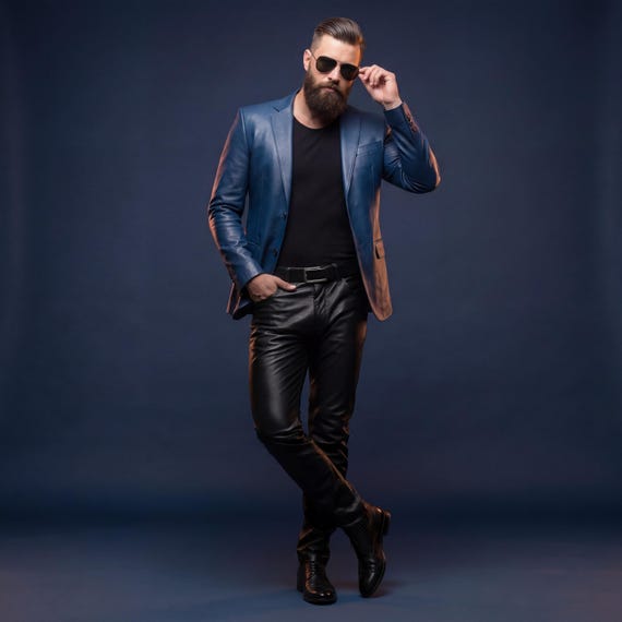 Men's Blue Leather Blazer | Slim Fit, Luxury Fashion