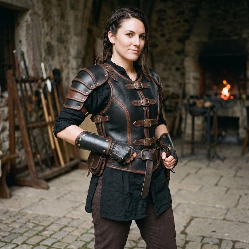 May include: A black and brown leather chest armour piece with layered shoulder pauldrons, matching forearm bracers, and multiple adjustable buckle straps across the front. The armour is worn over a black long-sleeve shirt and brown trousers.