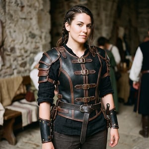 May include: A black leather chest piece with brown leather trim and shoulder pauldrons. The armour features multiple horizontal straps with brass-toned buckles across the front, a waist belt, and matching black leather forearm bracers with rivets.