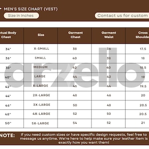 May include: A size chart for vests, with measurements in inches. The chart includes sizes from X-Small to 5X-Large, detailing actual body chest, garment chest, garment waist, and cross shoulder measurements. The chart also includes a note about custom sizes.