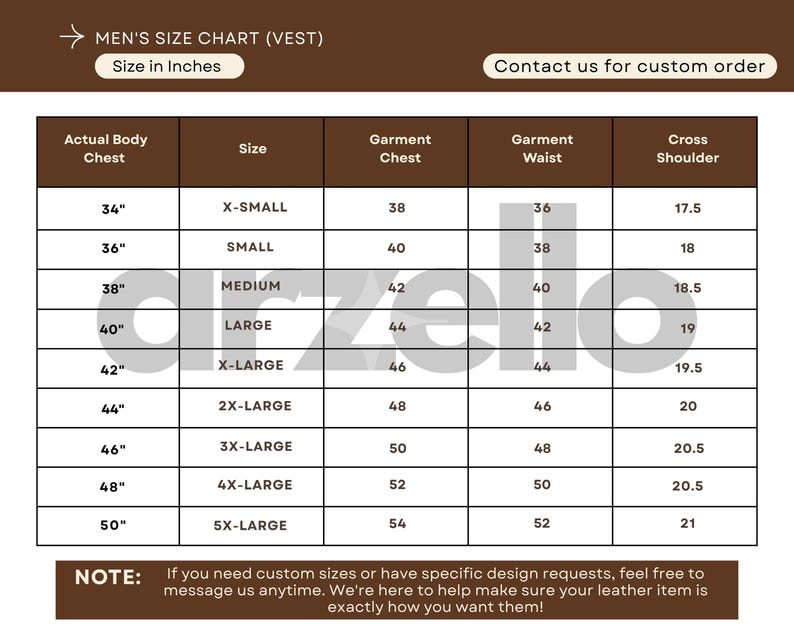 May include: A size chart for vests, with measurements in inches. The chart includes sizes from X-Small to 5X-Large, detailing actual body chest, garment chest, garment waist, and cross shoulder measurements. The chart also includes a note about custom sizes.