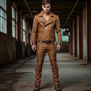 Real Leather Biker Outfit: Studded Jacket & Pants Set - Custom Fit