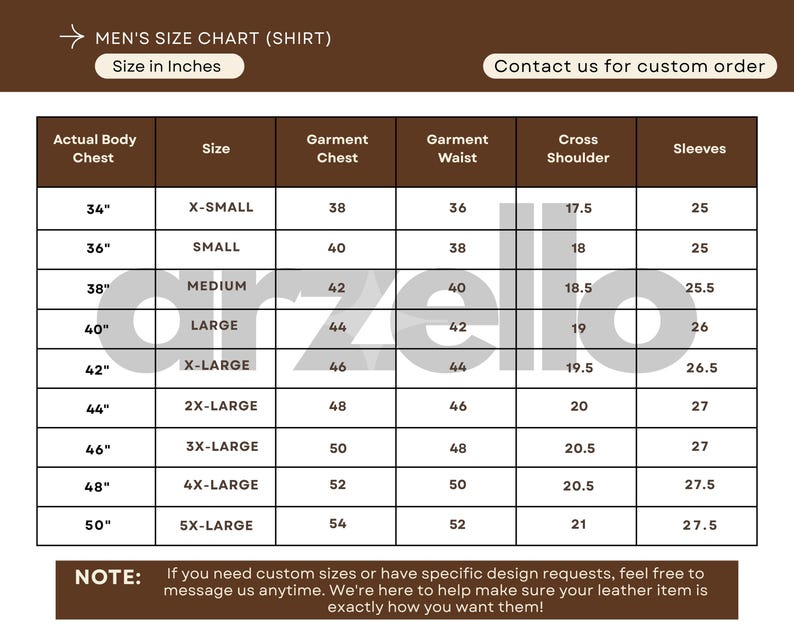 May include: A men's shirt size chart in inches, with measurements for chest, waist, shoulder, and sleeves. Sizes range from X-Small to 5X-Large. Includes a note about custom sizes.