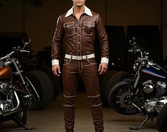 Handmade Brown & White Leather Western Outfit: Custom Fit Biker Suit